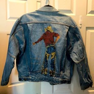 Hand  painted Cowboy Forenza Jean Jacket With Horse Shoe Studs